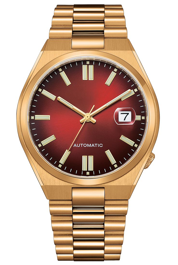 Gold Red Dial Automatic Stainless Steel Watch