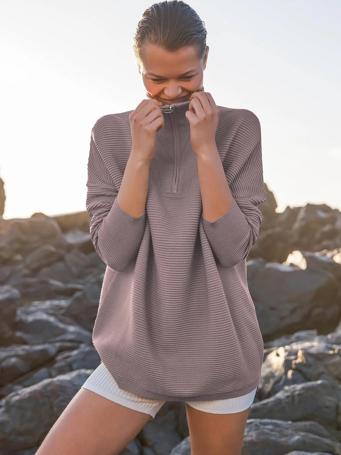 ANRABESS Women Quarter Zip Oversized Casual Loose Rib Knit Cozy Pullover Sweaters Top 2025 Fall Fashion Outfits Clothes