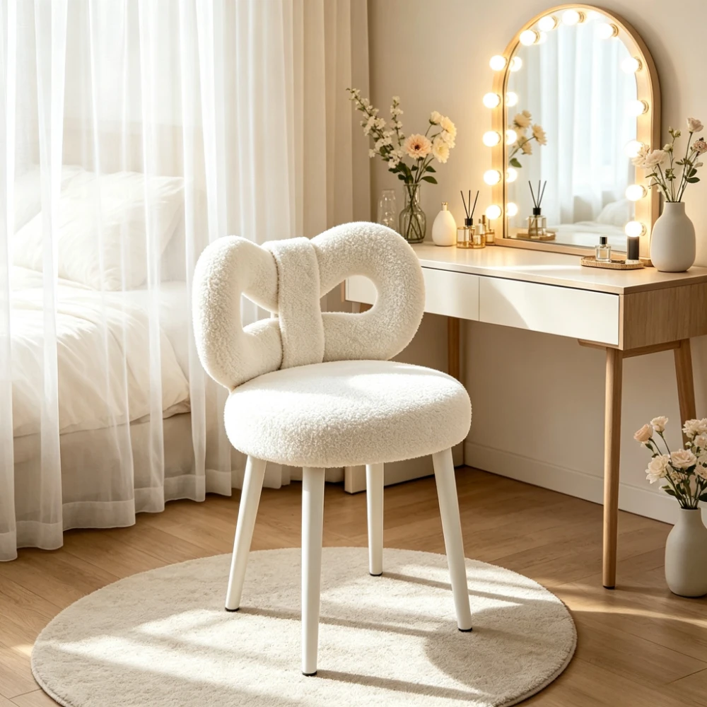 Bowknot wool vanity stool, white metal-legged ergonomic lumbar support chair