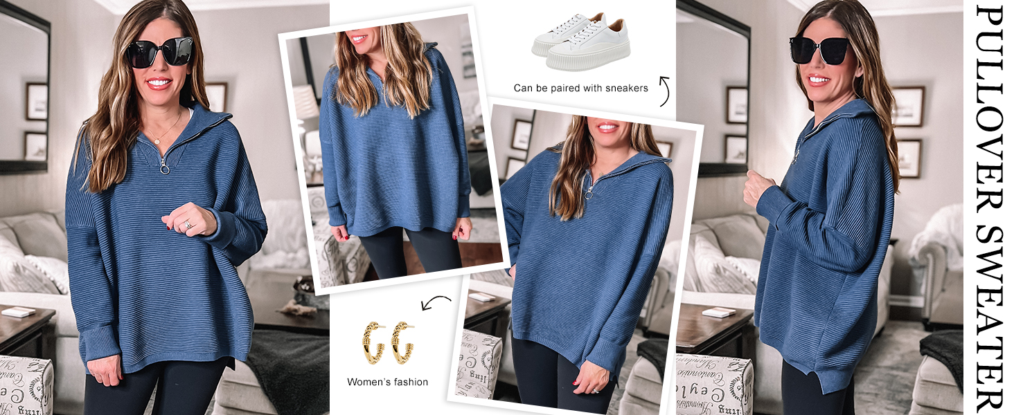 Women Quarter Zip Oversized Casual Loose Rib Knit Cozy Pullover Sweaters Top 2025 Fall Fashion 802