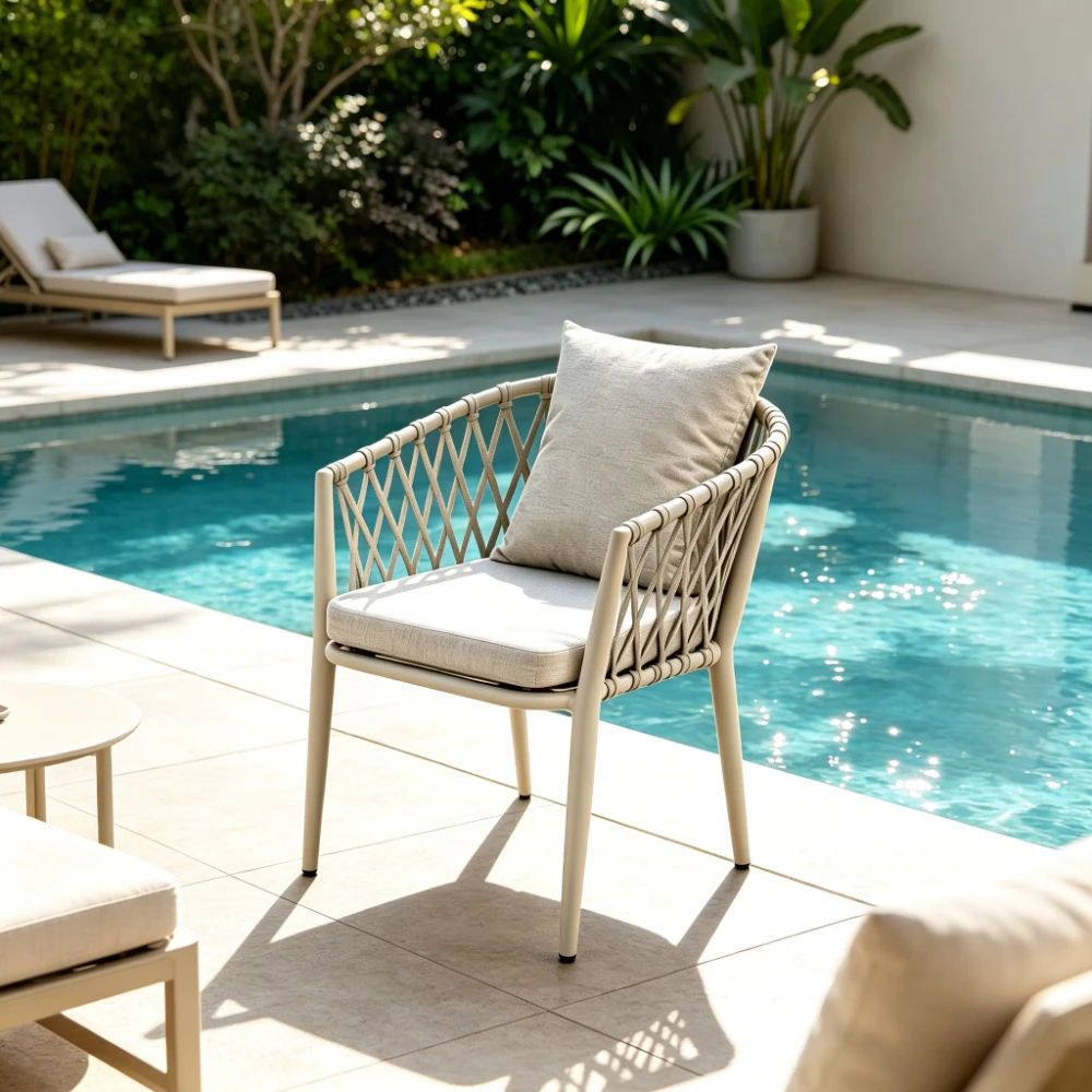 Handwoven rope lounge chair, rust-resistant aluminum alloy outdoor chair