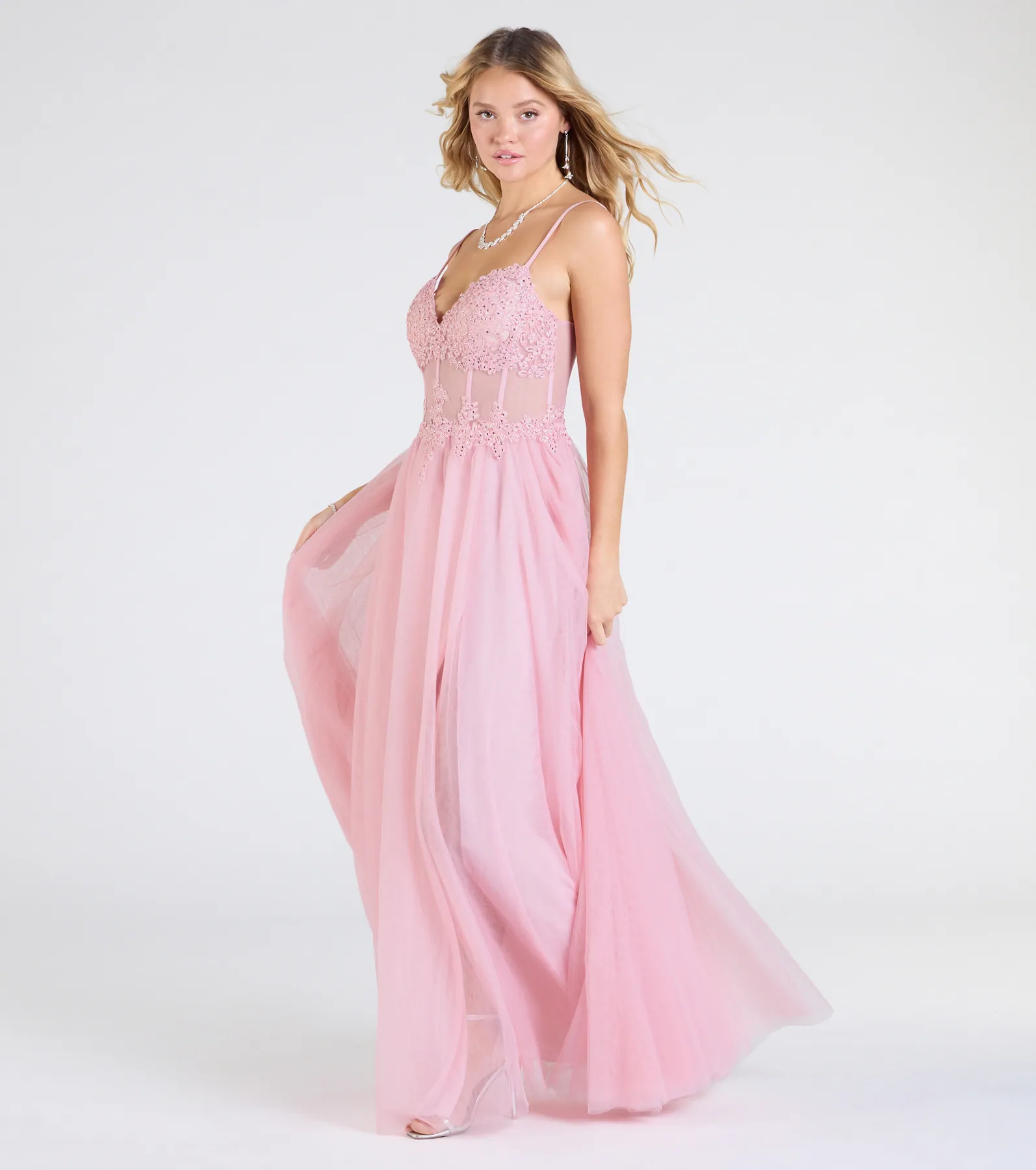 Fatima V-Neck Embroidered A-Line Tulle Dress