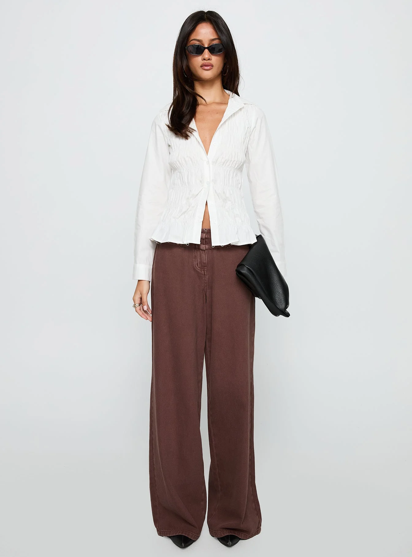 Cultivate Shirred Long Sleeve Top White