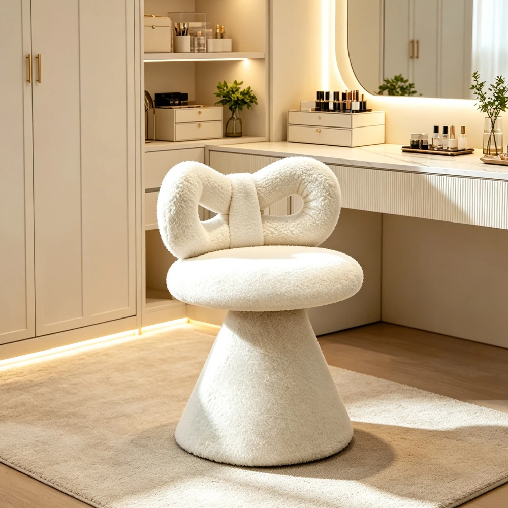Rotating bowknot vanity stool, plush cute mushroom chair