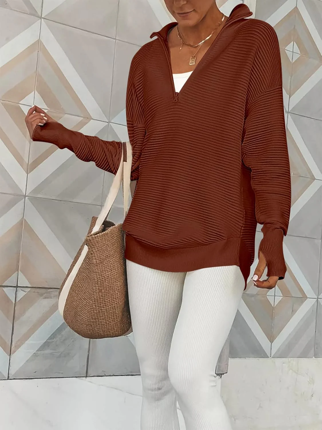 ANRABESS Womens Long Sleeve Quarter Zip Pullover Sweater Casual Loose V Neck Collared Ribbed Knit Jumper Tops Thumb Hole
