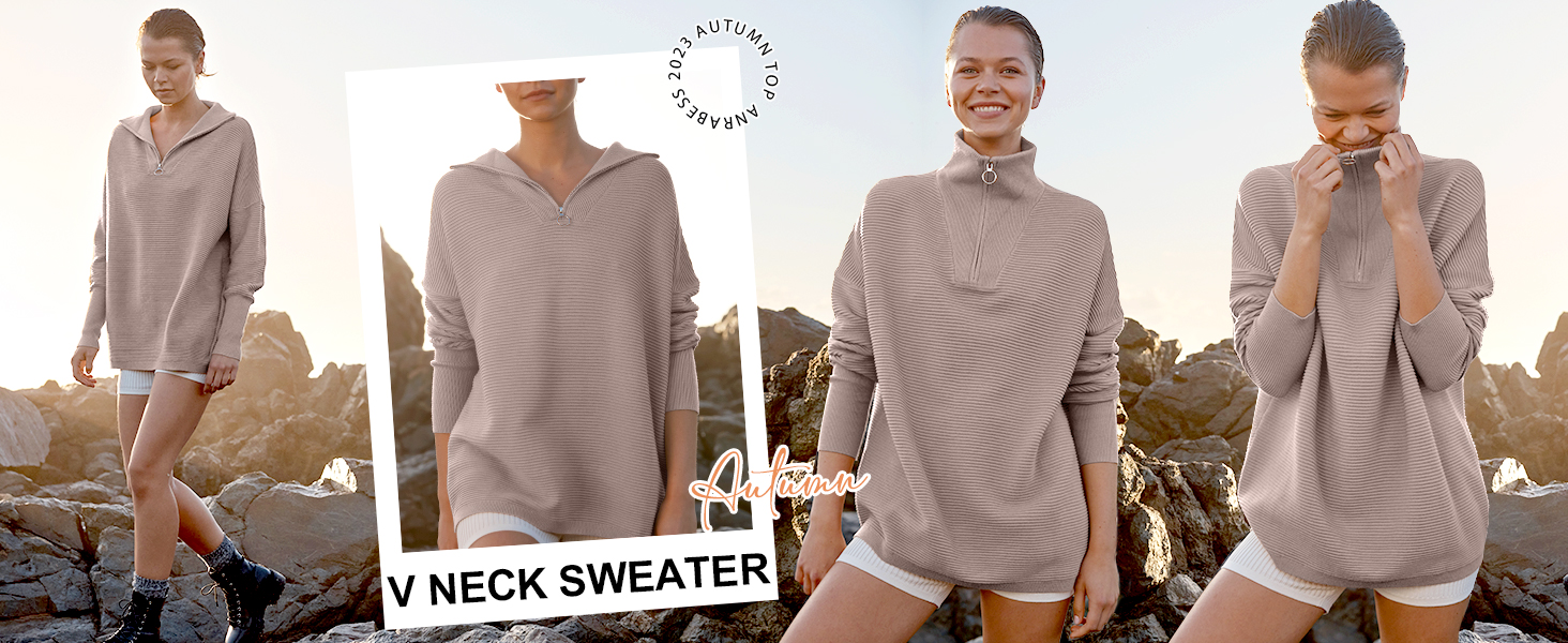Women Quarter Zip Oversized Casual Loose Rib Knit Cozy Pullover Sweaters Top 2025 Fall Fashion 802