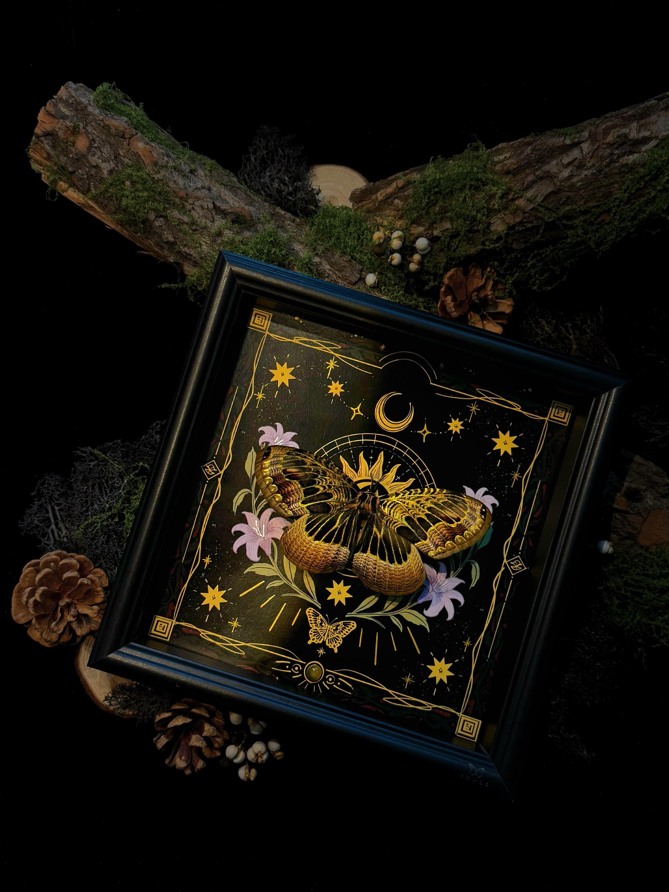 Bronze Silk Moth Art: Hand-Painted Gold, Celestial Tarot Decor