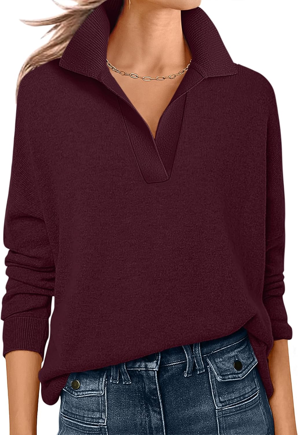 ANRABESS Womens Polo V Neck Long Sleeve Sweaters Lightweight Dressy Casual Business Basic Knit Pullover Top 2025 Fall Outfits