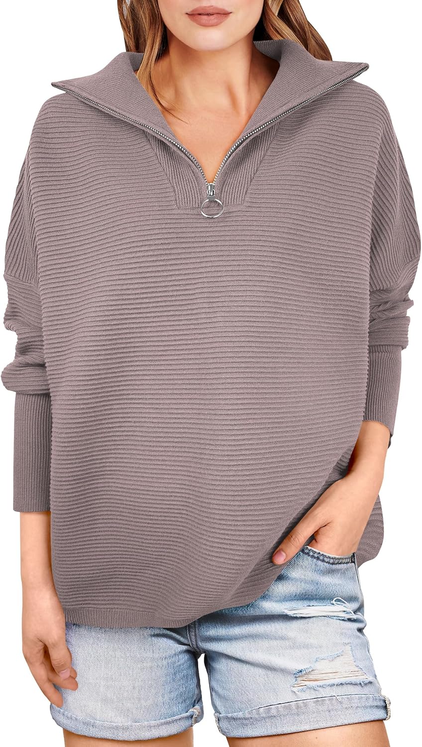ANRABESS Women Quarter Zip Oversized Casual Loose Rib Knit Cozy Pullover Sweaters Top 2025 Fall Fashion Outfits Clothes