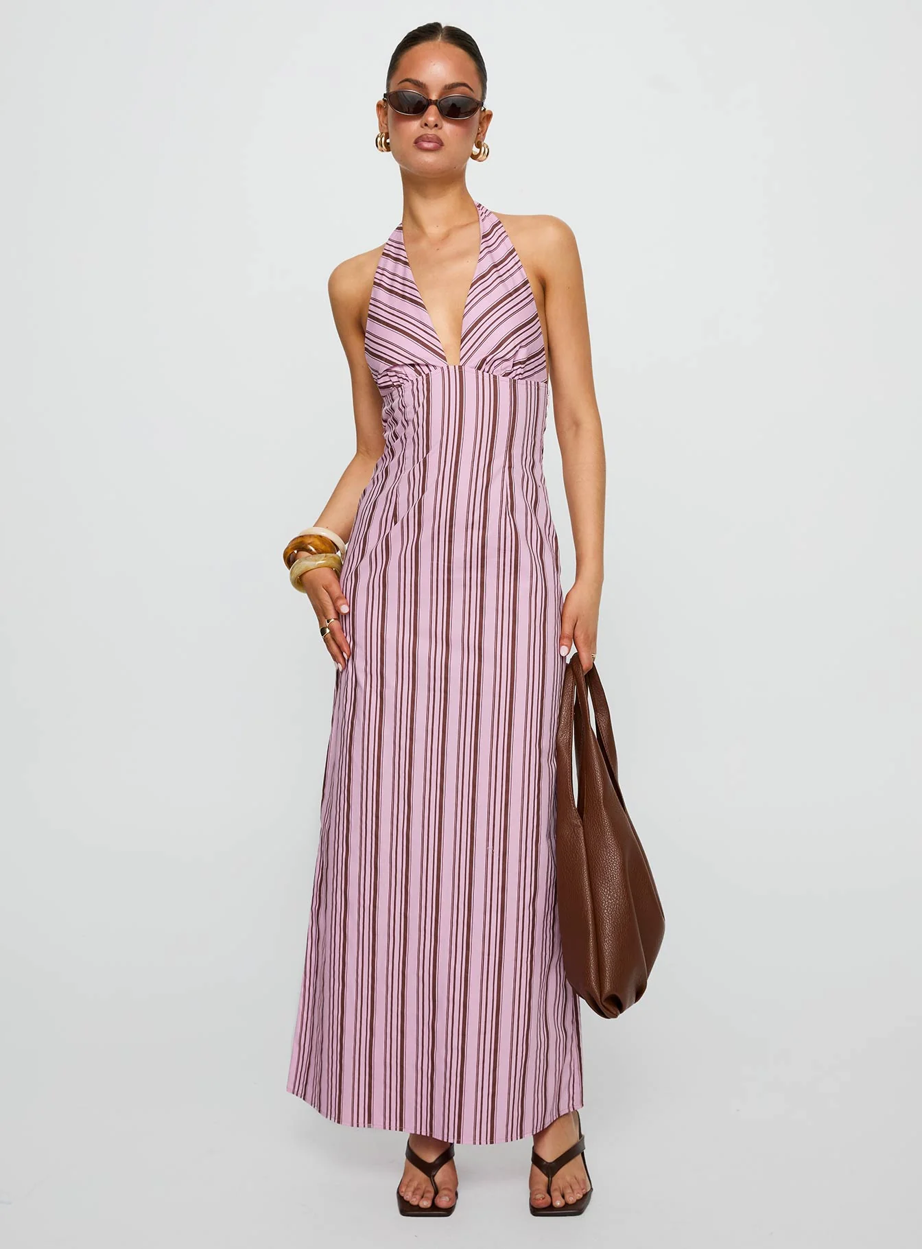Avrie Halter Maxi Dress Pink / Brown Stripe