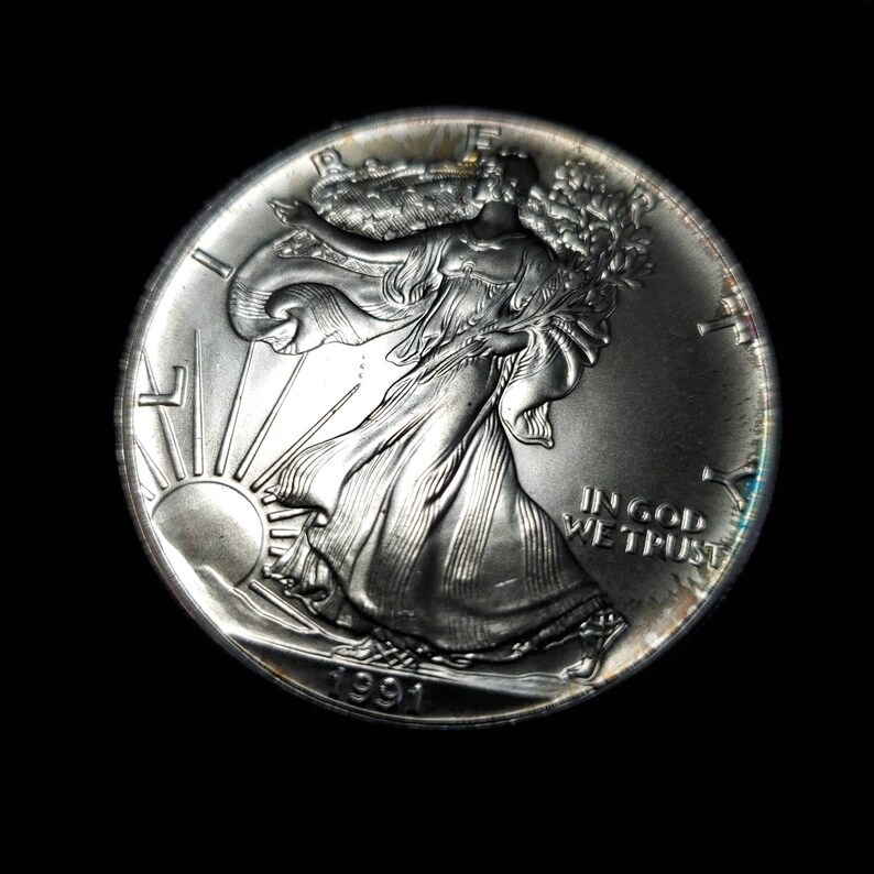 1991  American Silver Eagle BU  -  1 Oz .999 Cool toning on the rim-     Lot# 816 - usacoinsstore