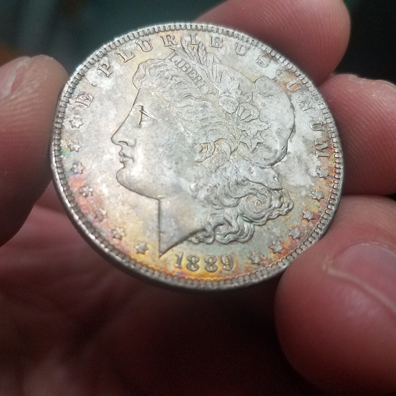 1889 Morgan Silver Dollar AU/BU with rainbow toning.lot#204 Regular 129 - usacoinsstore