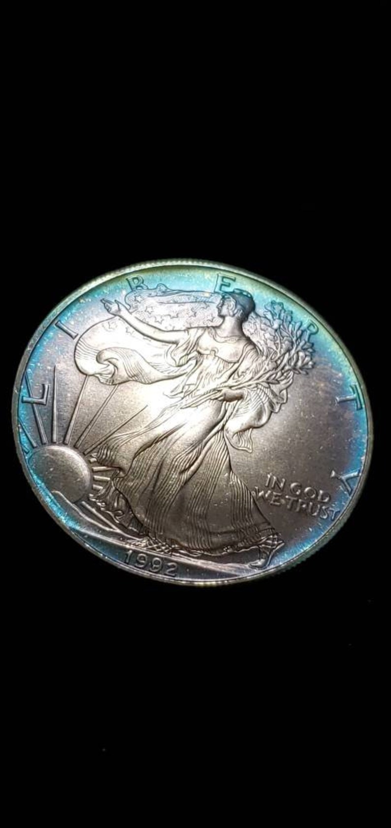 1992  American Silver Eagle BU   -  1 Oz .999 Silver - Awesome Bluish toning   Key Date ! #461 - usacoinsstore