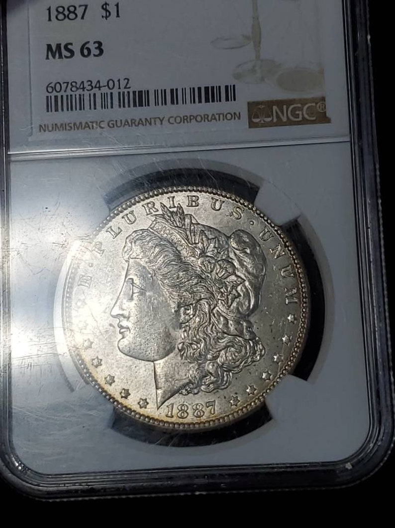1887   MS 63 Silver Morgan Dollar, NGC  MS 63  Silver Coin  Beautiful toning- small chip on top of the case -  Regular -129   Lot # 1486 - usacoinsstore