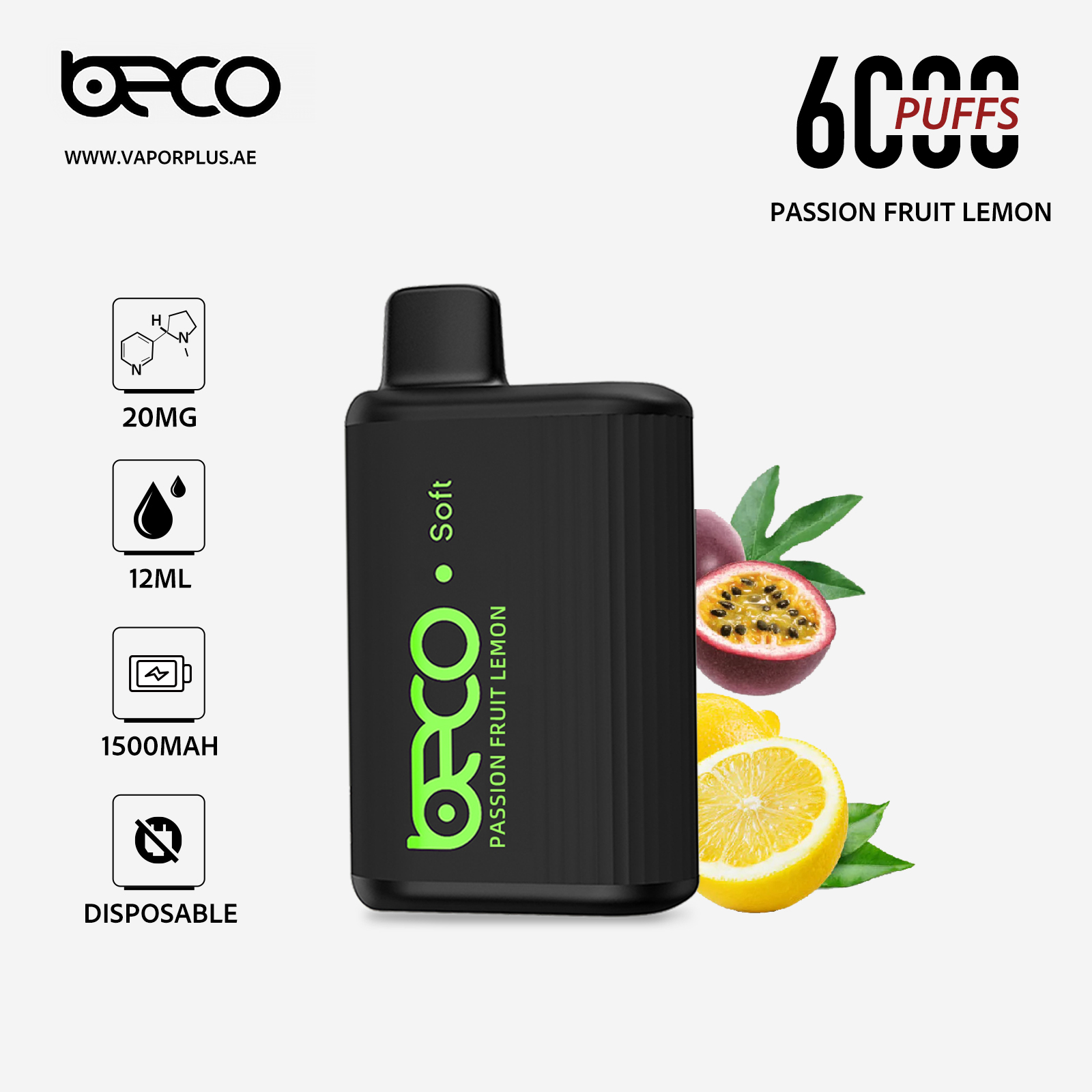 BECO Soft (20MG) 6000 - Puffs Disposable Vape (Non-Rechargeable) In UAE - Passion Fruit Lemon