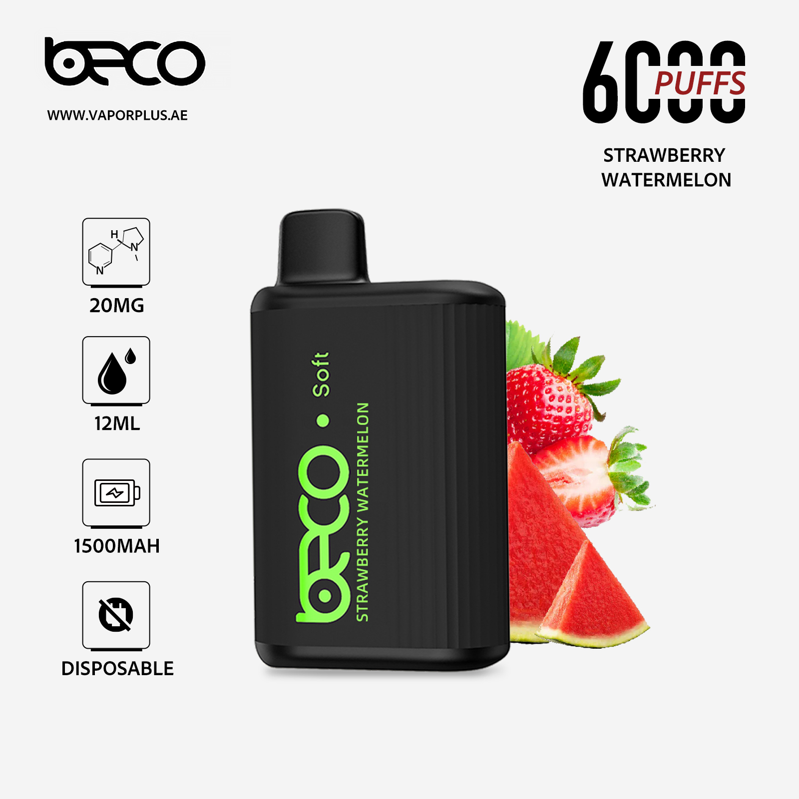 BECO Soft6000 Disposable Vape 2% in UAE (Non-Rechargeable)-StrawBerry Watermelon