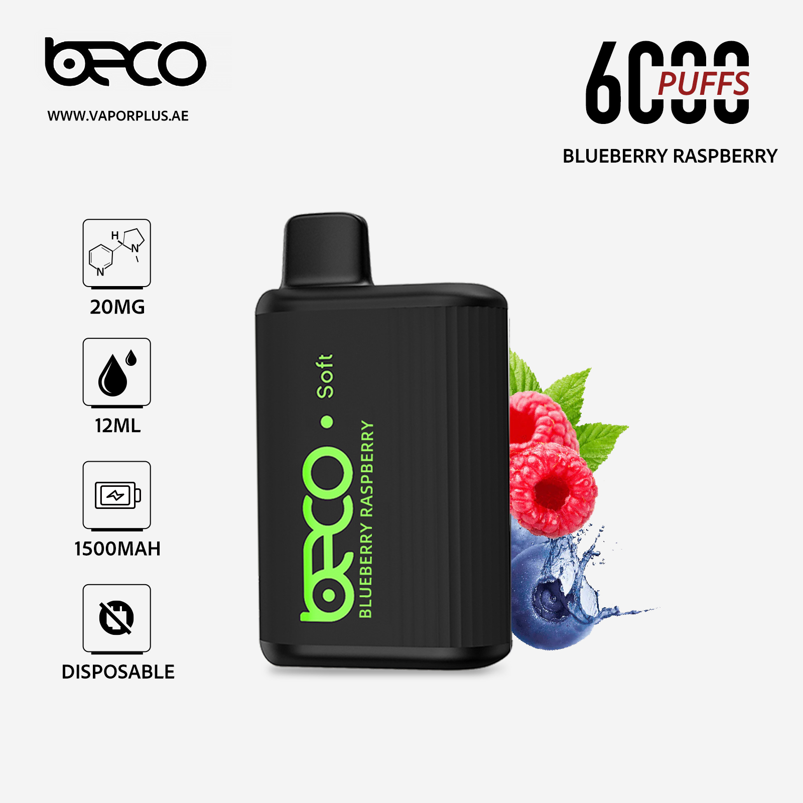 BECO Soft (20MG) 6000 - Puffs Disposable Vape (Non-Rechargeable) In UAE - Blueberry Raspberry