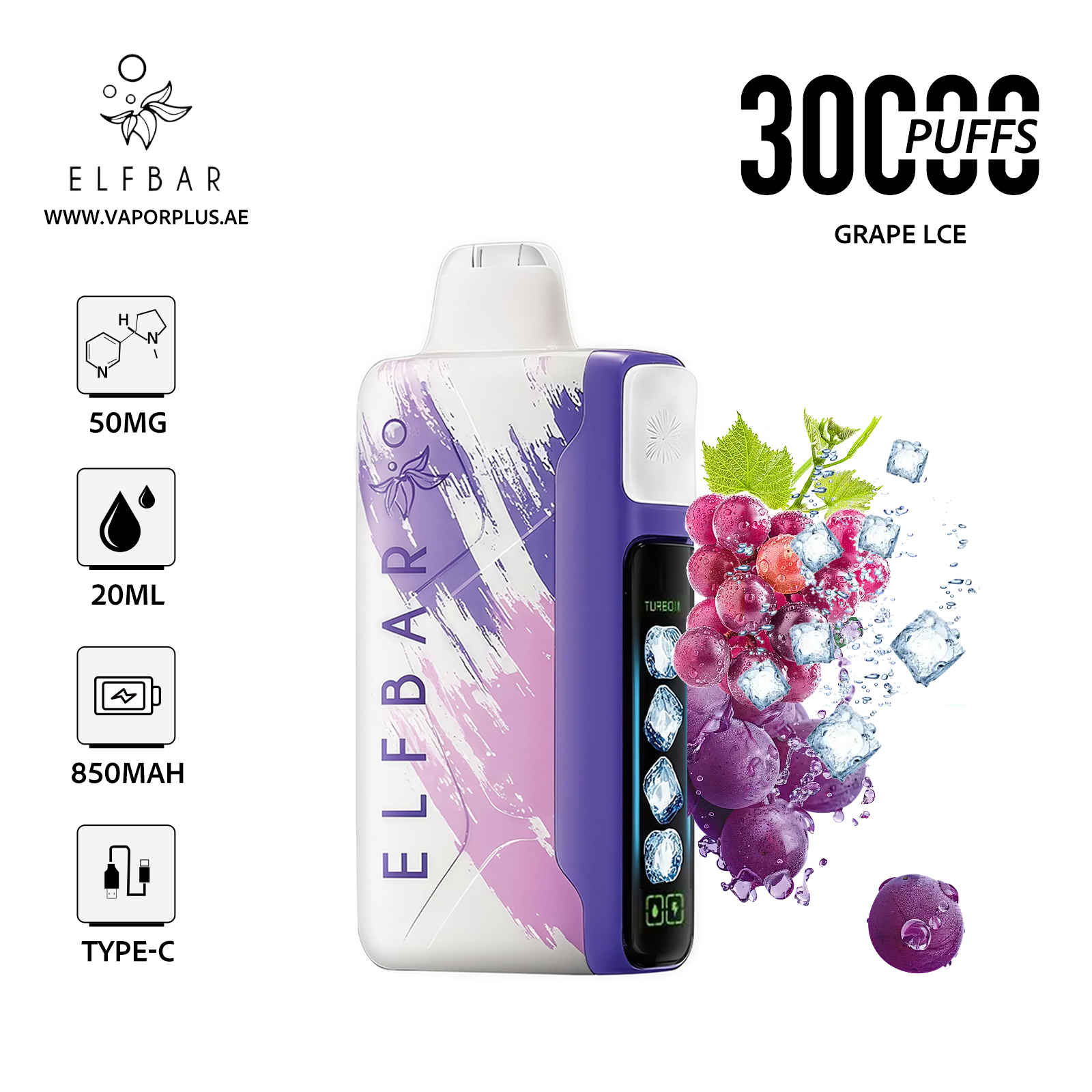 ELFBAR ICE KING 30000 Disposable Vape 5% Nic in UAE - Grape lce