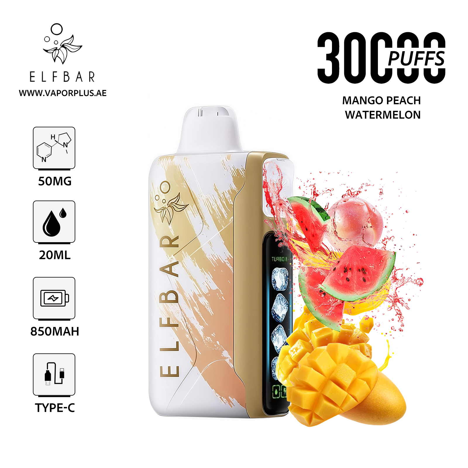 ELFBAR ICE KING 30000 Disposable Vape 5% Nic in UAE - Mango Peach Watermelon
