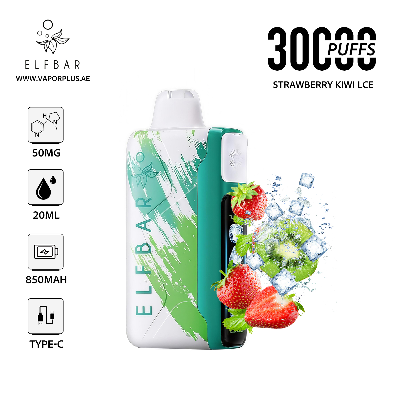 ELFBAR ICE KING 30000 Disposable Vape 5% Nic in UAE - Strawberry Kiwi lce