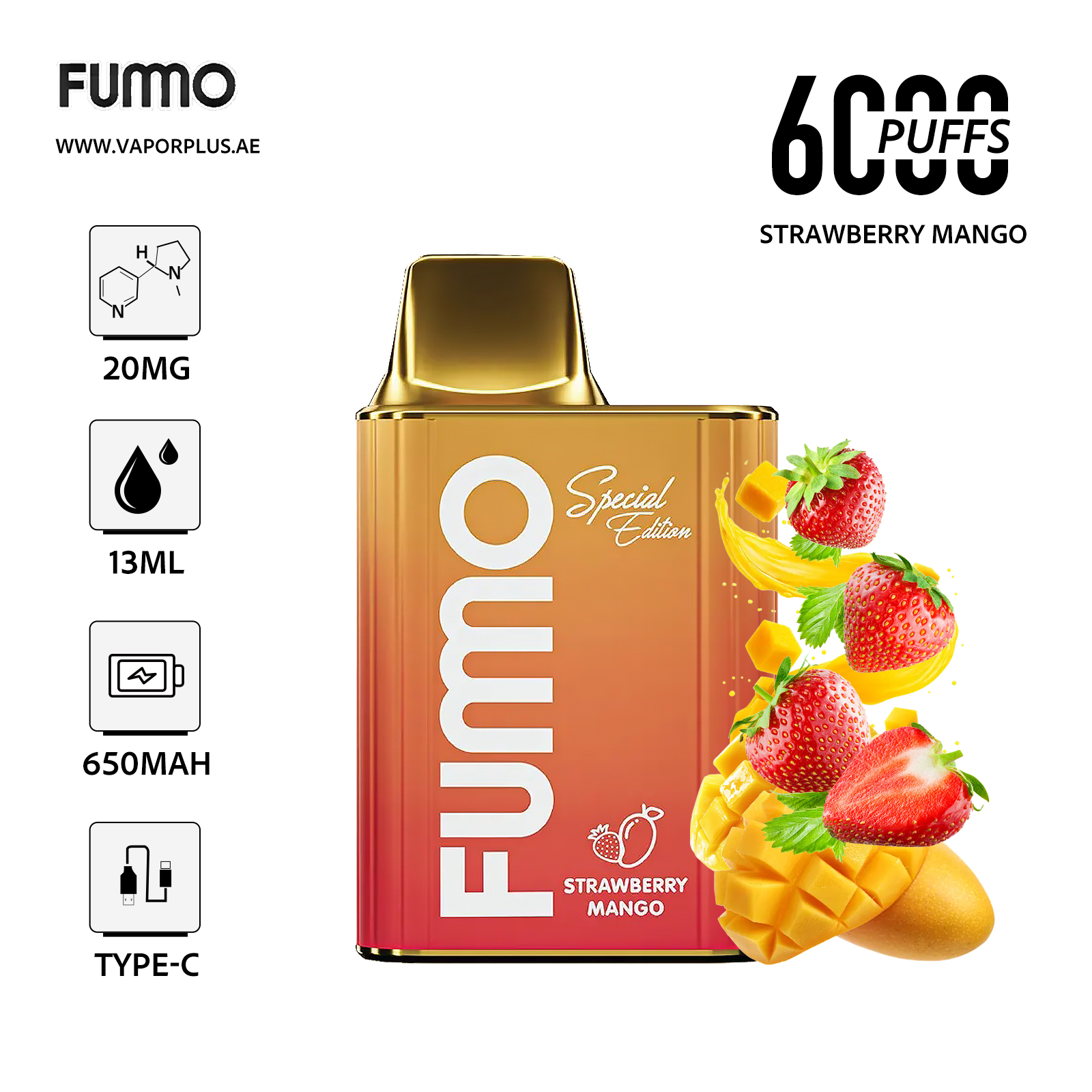 FUMO King6000 Disposable Vape 2% Nic in UAE- Strawberry Mango
