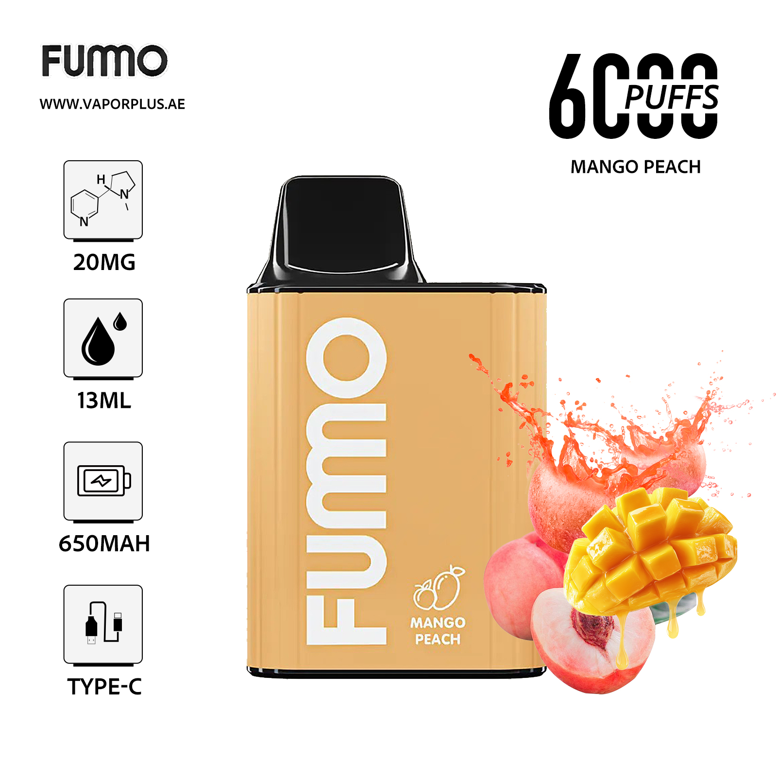 FUMO King6000 Disposable Vape 2% Nic in UAE-Mango Peach