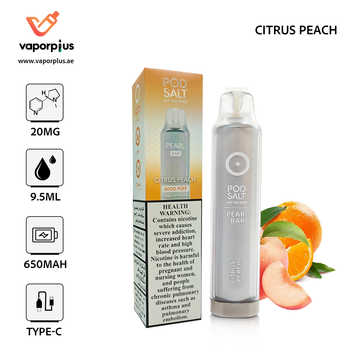 POD SALT Bar 6000 Puffs Disposable Vape in Dubai –Citrus Peach