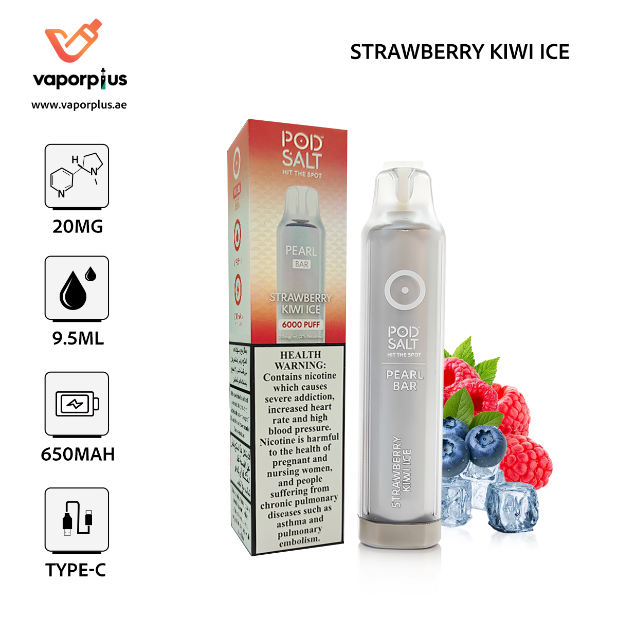 POD SALT Bar 6000 Puffs Disposable Vape in Dubai –Strawberry Kiwi Ice