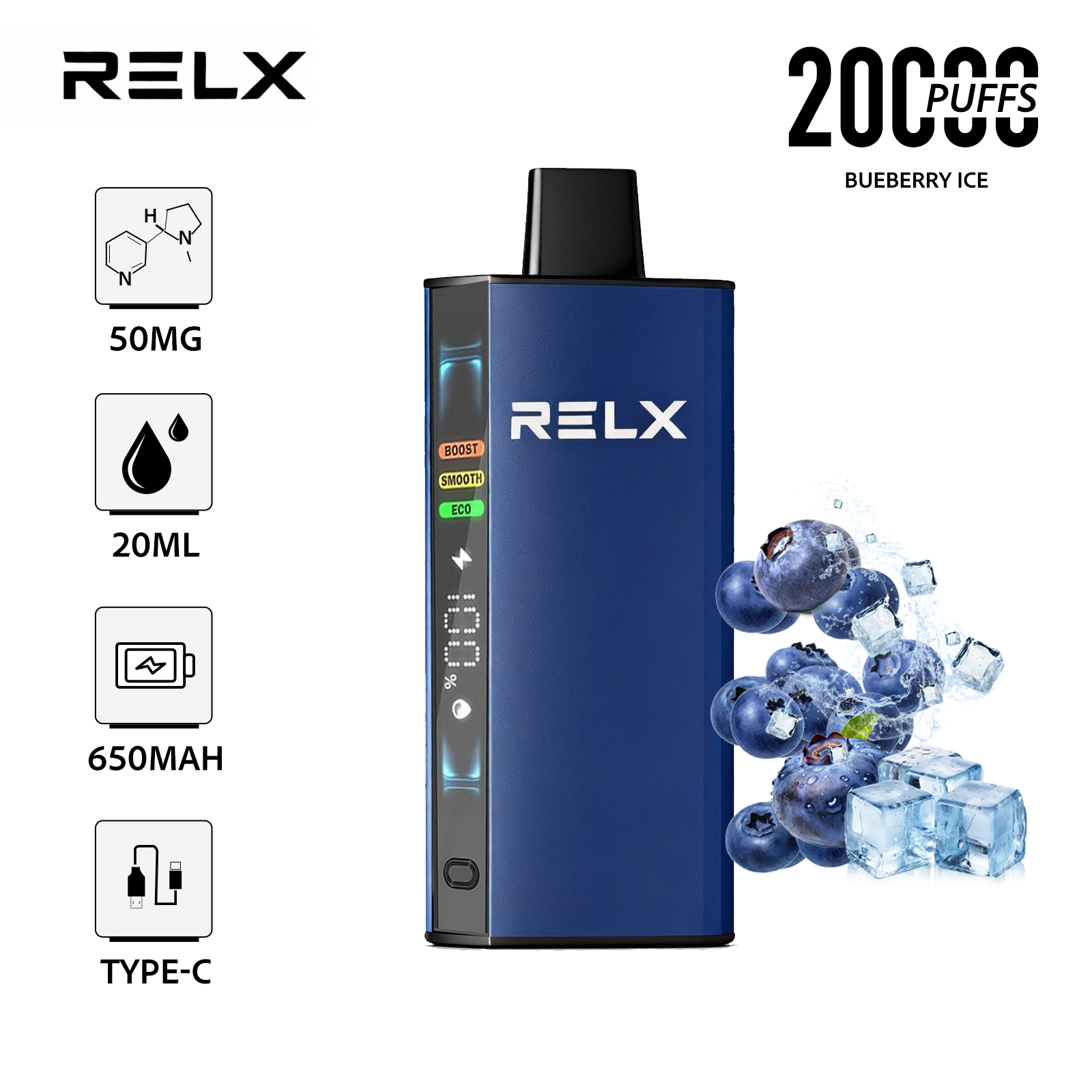 Bueberry Ice – RELX ACE 20000 Disposable Vape 50mg Nic | UAE