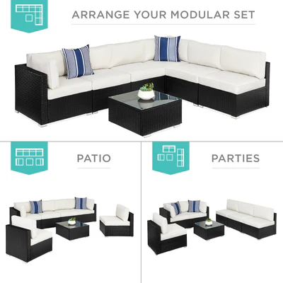 7-Piece Modular Wicker Sectional Conversation Set w/ 2 Pillows. Cover
