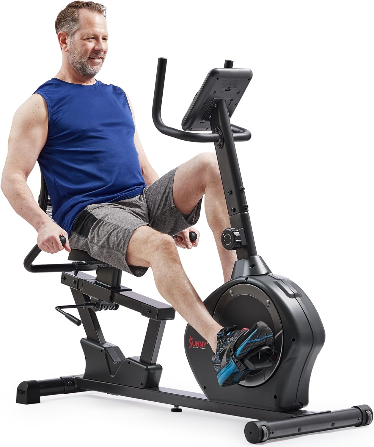 Sunny Health & Fitness Smart Heavy-Duty Recumbent Bike w/Wide Cushioned Seat & Back. Indoor Cycling Machine for Adult/Seniors Home Exercise. Free SunnyFit App Connect. Optional Workout Training Bands