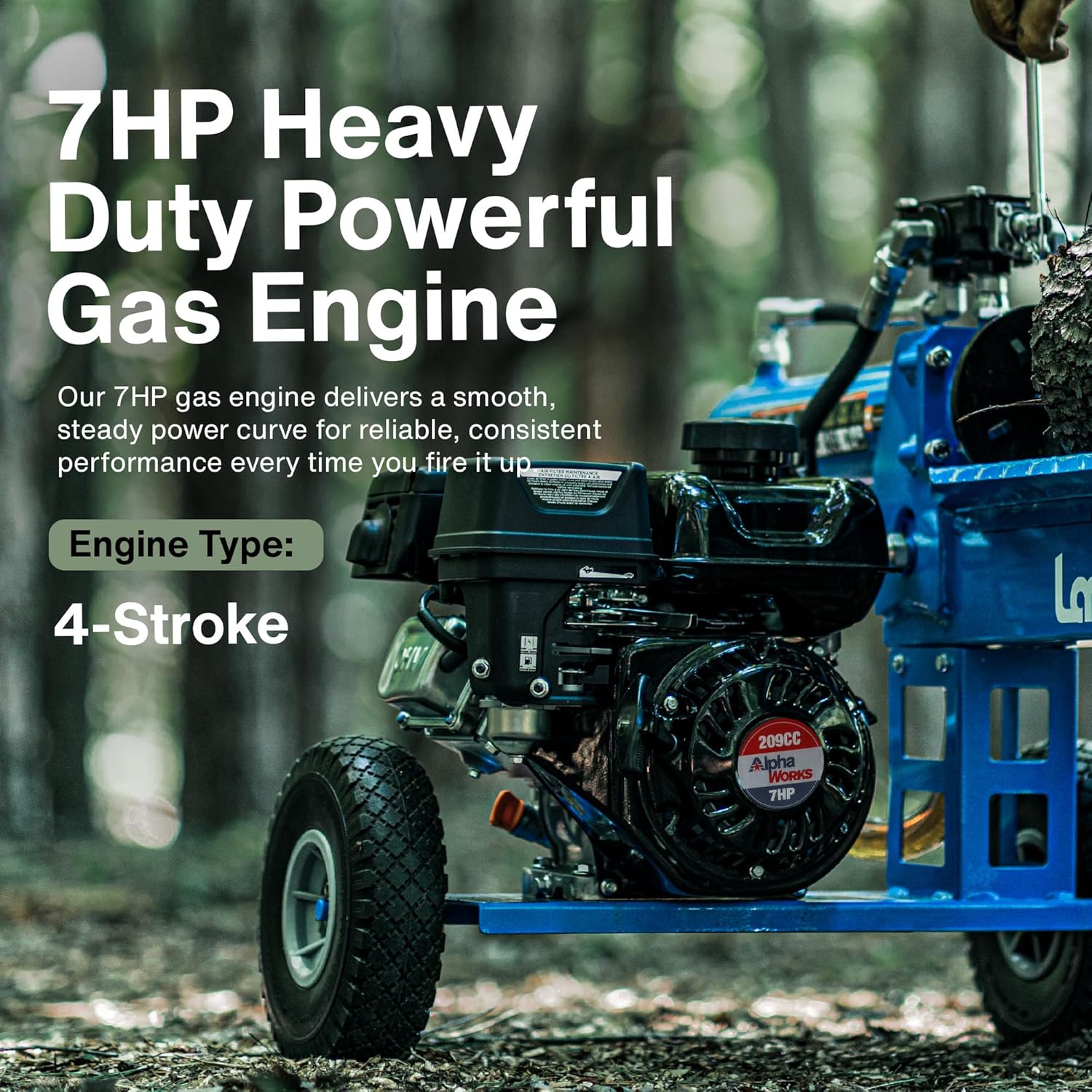 Landworks Log Splitter Portable 20 Ton Rapid Auto Return Ram System Bucher Gear Pump 7HP Engine Horizontal Full Beam Steel Wedge Firewood Splitting Forestry Harvesting