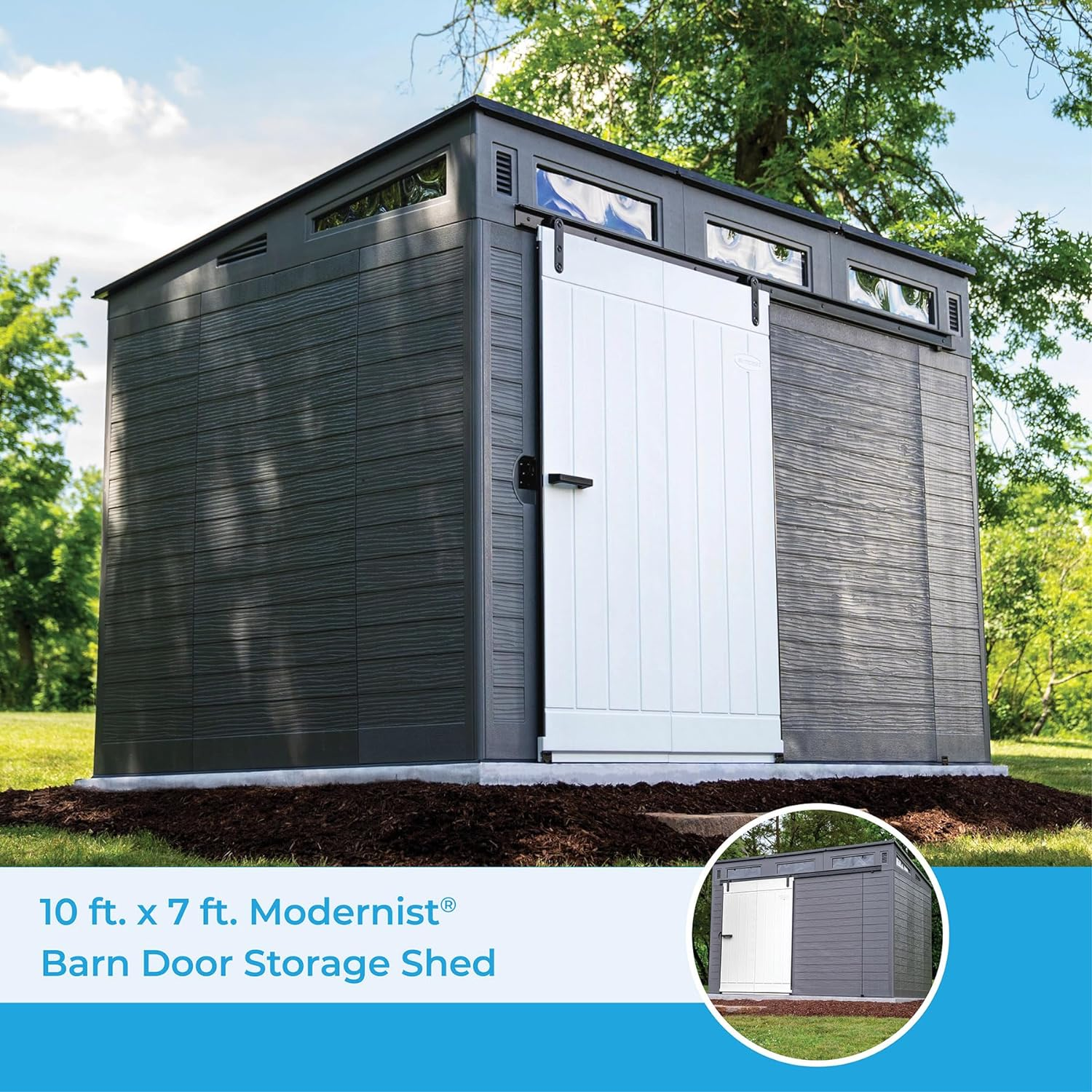 Suncast Modernist 10 Foot by 7 Foot Outdoor Plastic Storage Shed with Pad Lockable Sliding Barn Door for Outdoor Storage Items. Gray and Black