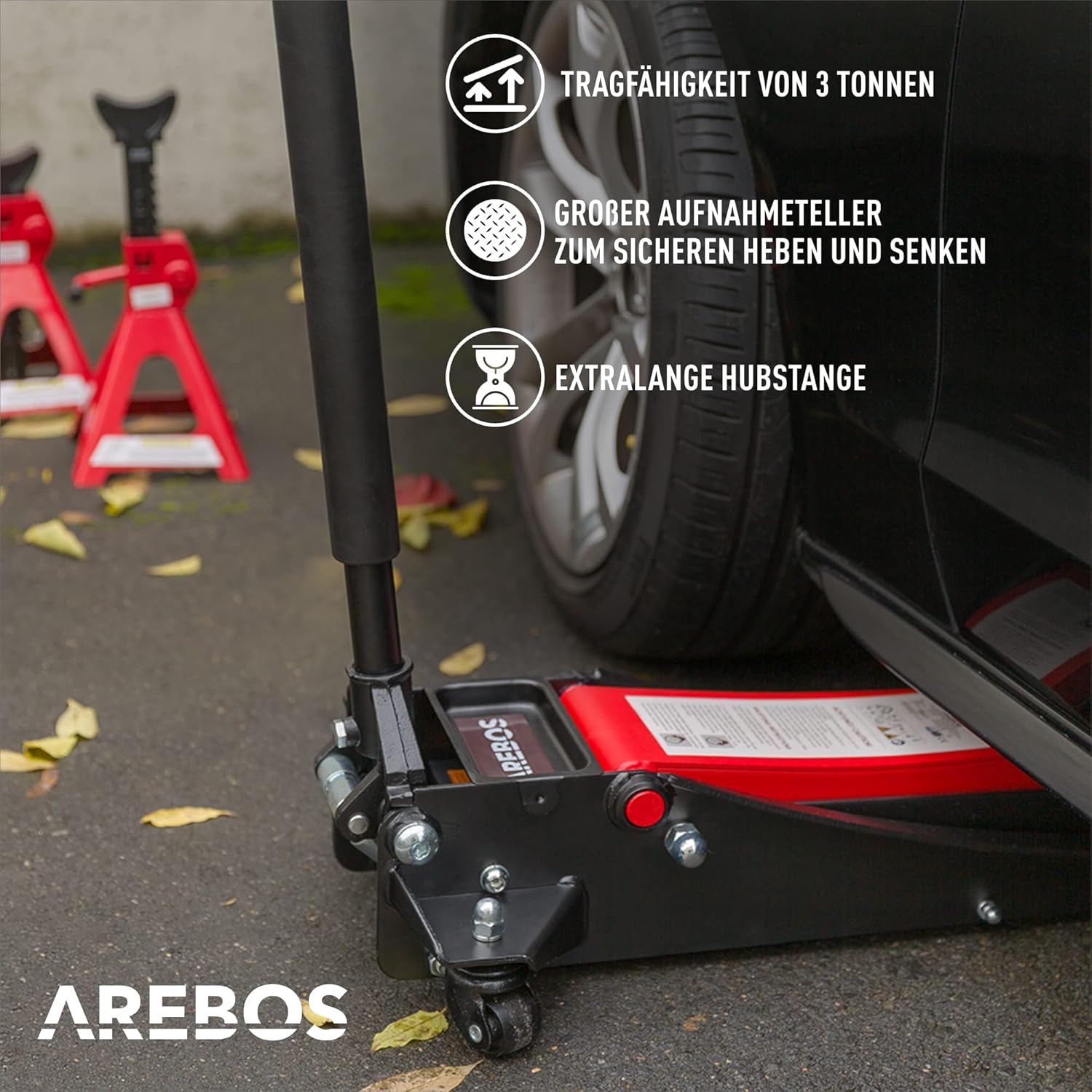 Arebos 3T Hydraulic Trolley Jack Flat | Underride height 85-500 mm | Double piston | 3 supports | Car jack | Jack stand for vehicles and cars